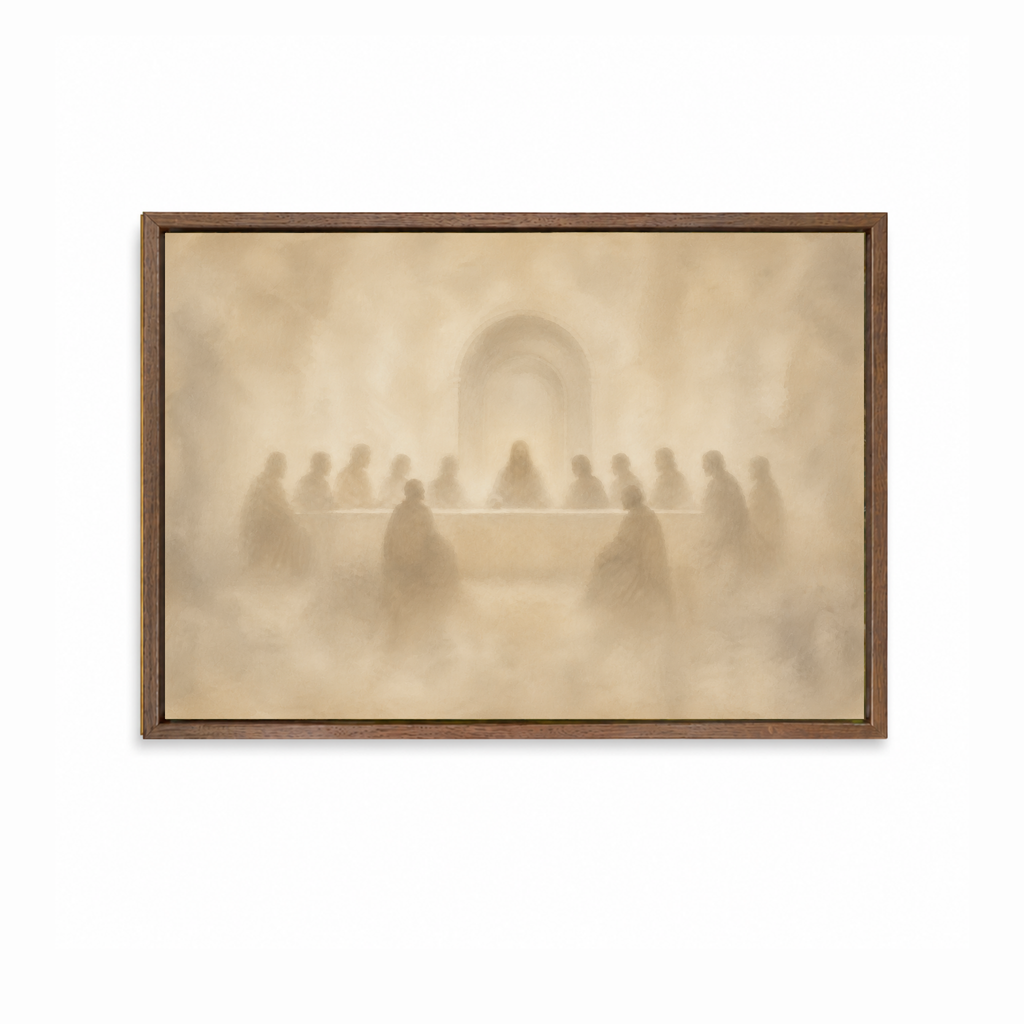 The Last Supper Christian wall art featuring Jesus and His disciples in a dark wood frame