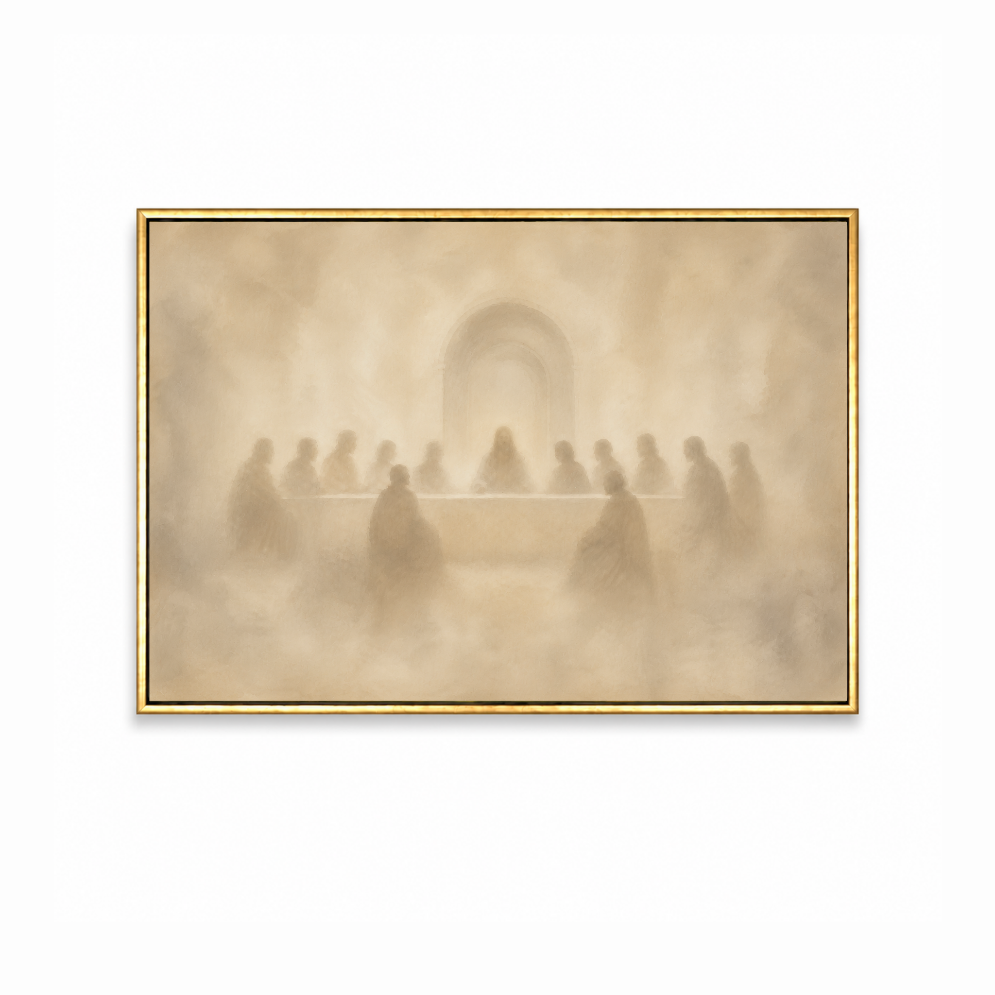 The Last Supper Christian wall art featuring Jesus and His disciples in a peaceful scene in a gold frame