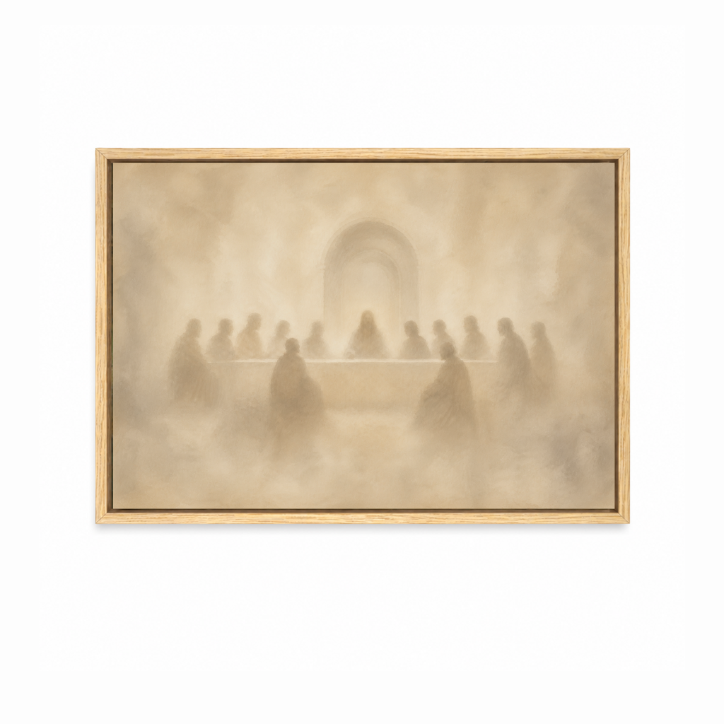 The Last Supper Christian wall art featuring Jesus and His disciples in a natural wood frame