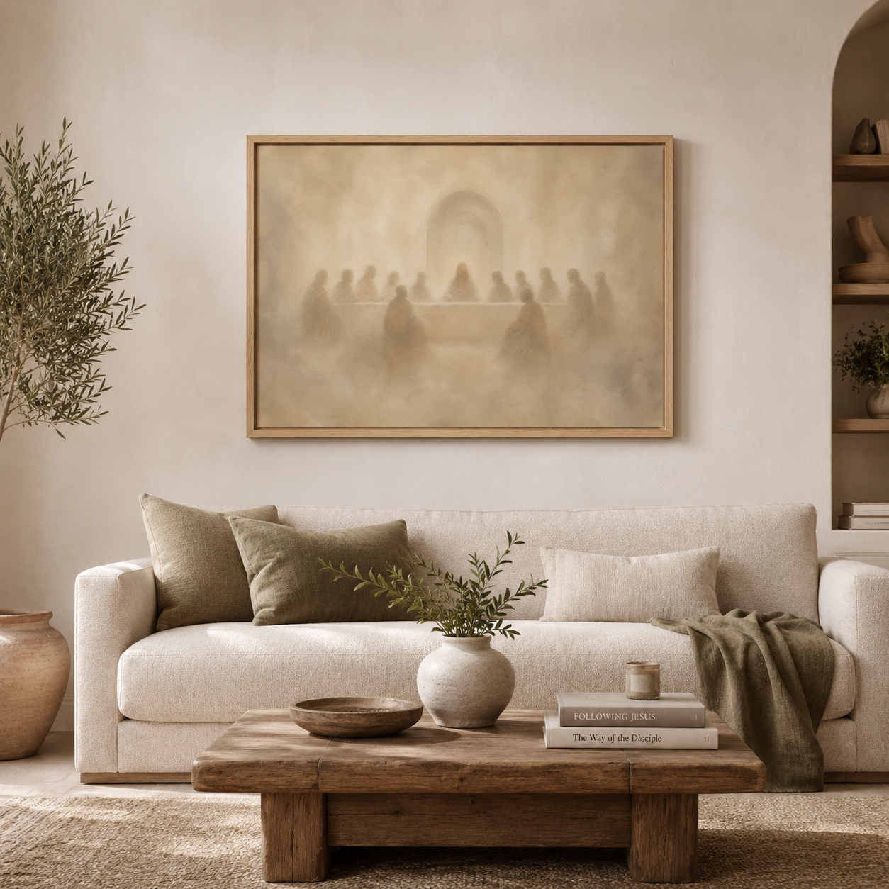 Cozy living room with a beige sofa, wooden coffee table, and the last supper framed artwork on the wall.
