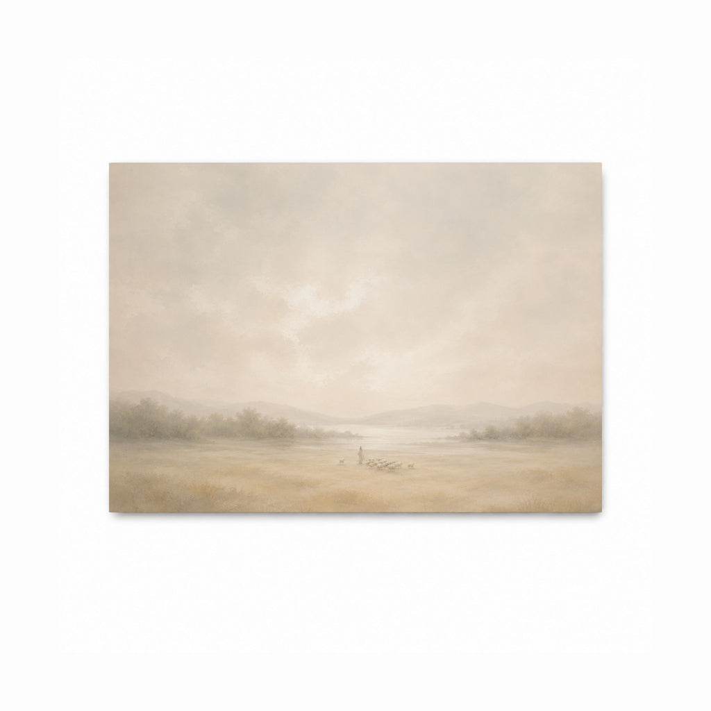 Jesus as the shepherd with His flock in a peaceful open landscape, inspired by the parable of leaving the 99, in a Christian art print
