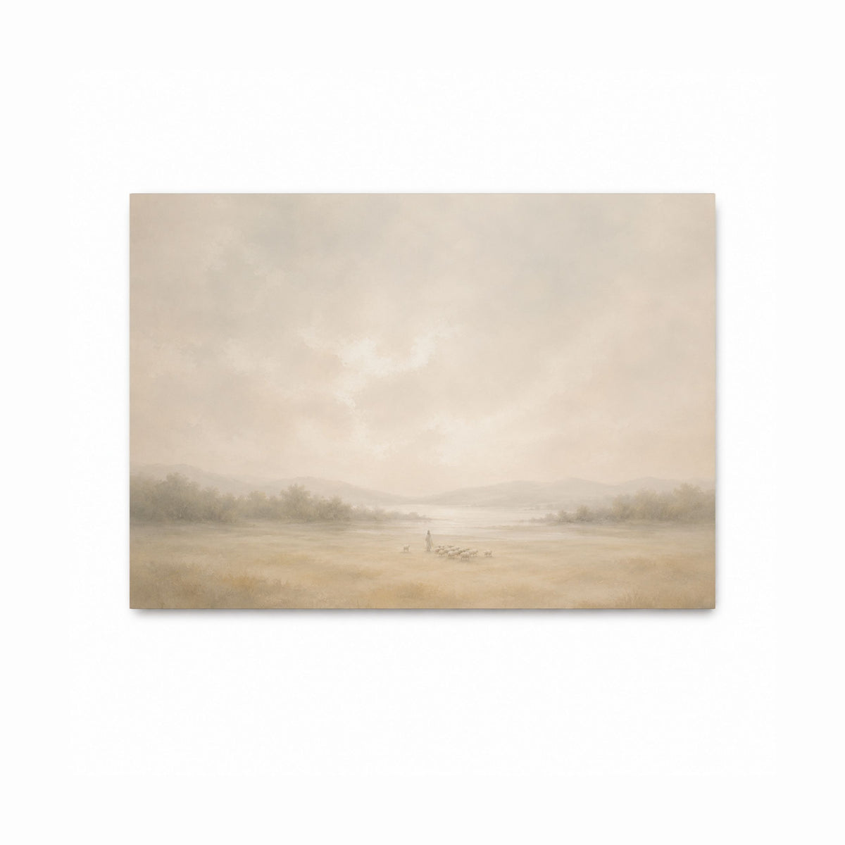 Jesus as the shepherd with His flock in a peaceful open landscape, inspired by the parable of leaving the 99, in a Christian art print