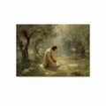 Jesus kneeling in prayer in a quiet olive garden, surrounded by soft light and trees, in a peaceful Christian art print