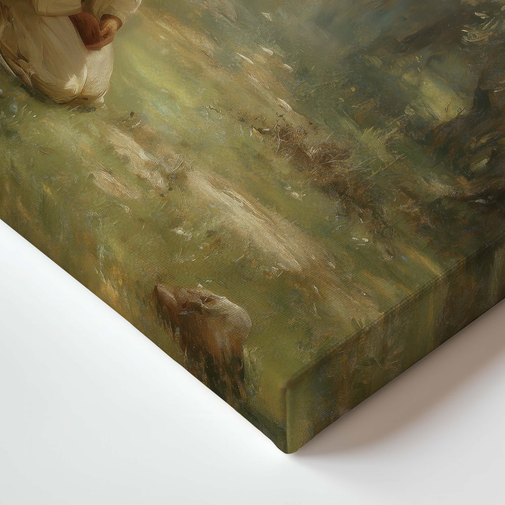 The Quiet Garden Christian canvas artwork featuring Jesus kneeling in prayer in a peaceful garden