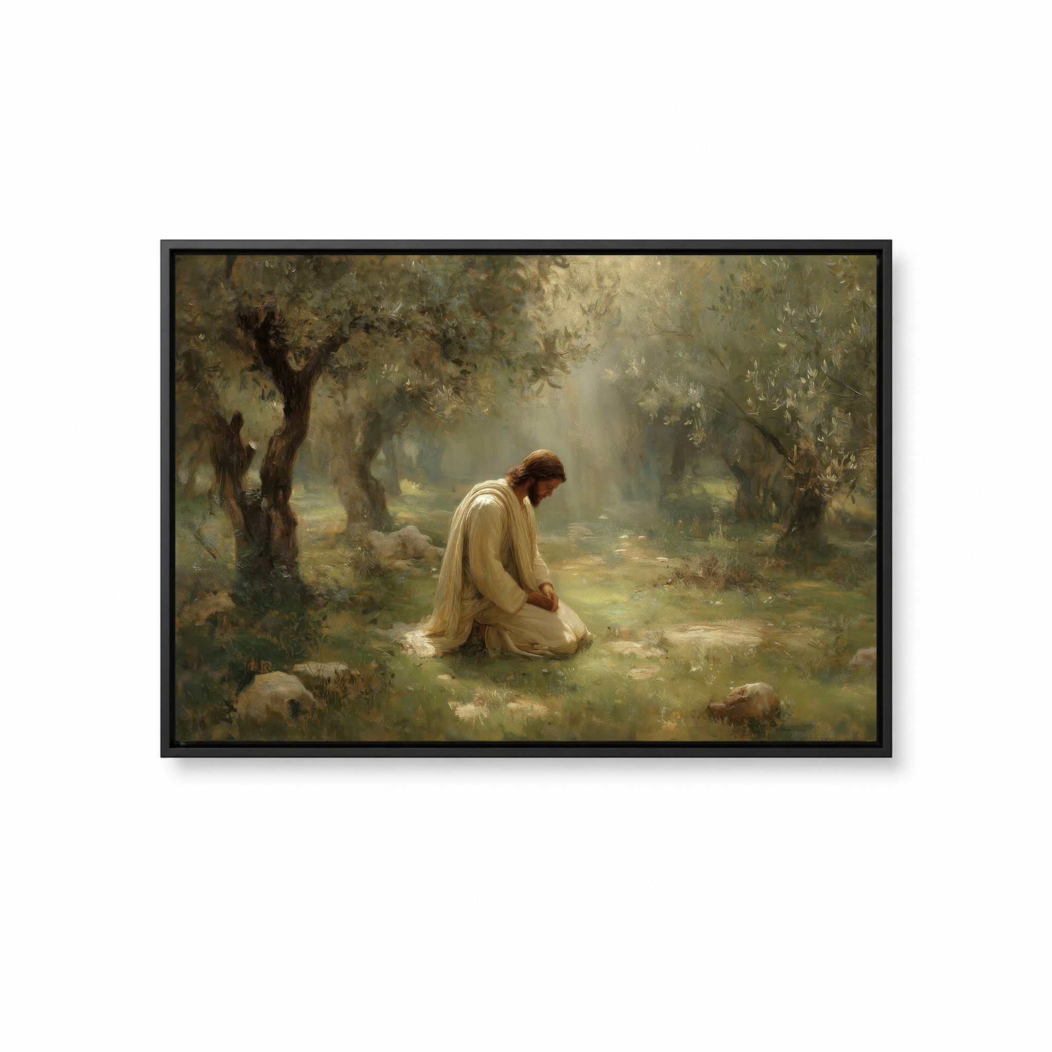 The Quiet Garden Christian wall art featuring Jesus praying in a black frame