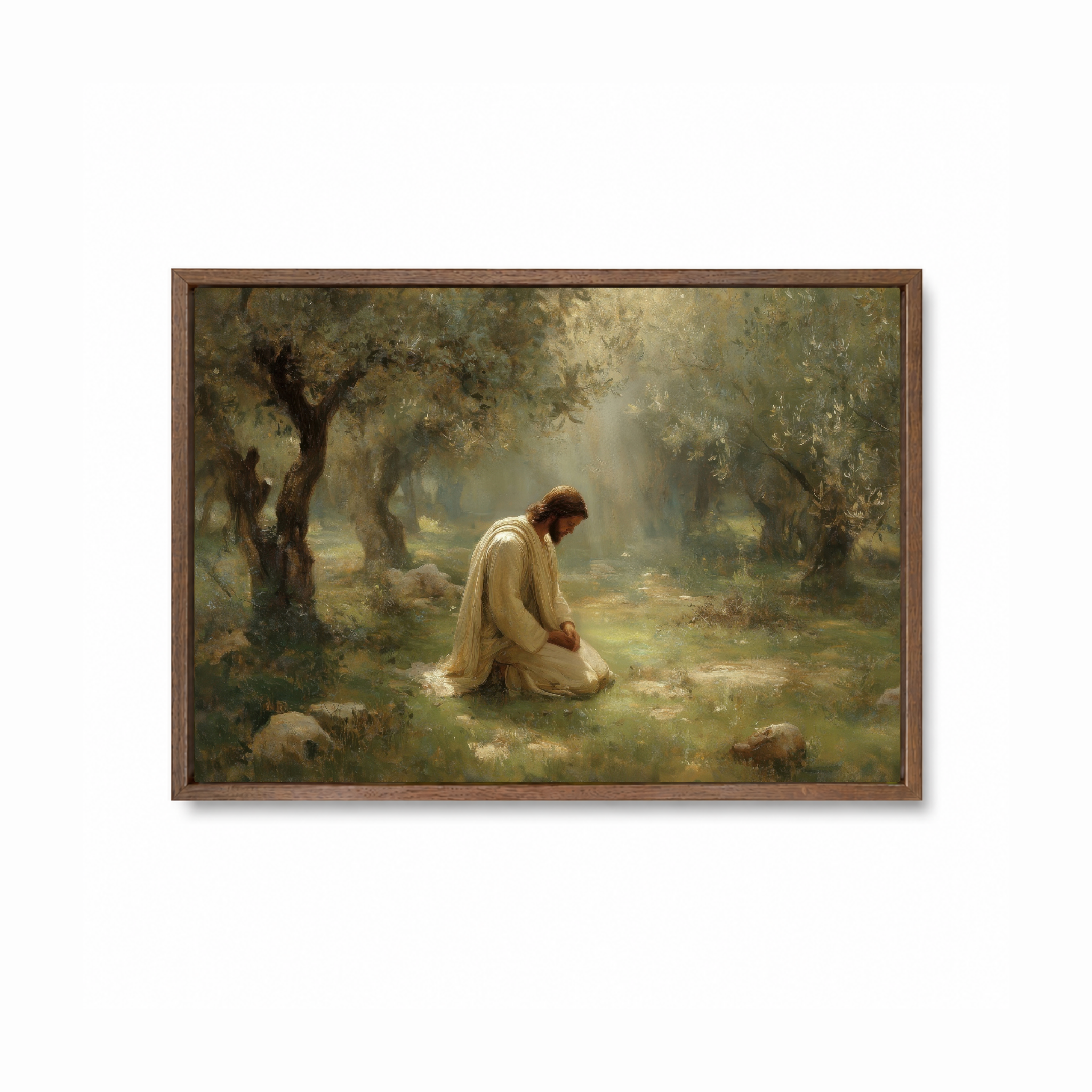 The Quiet Garden Christian wall art featuring Jesus praying in a dark wood frame