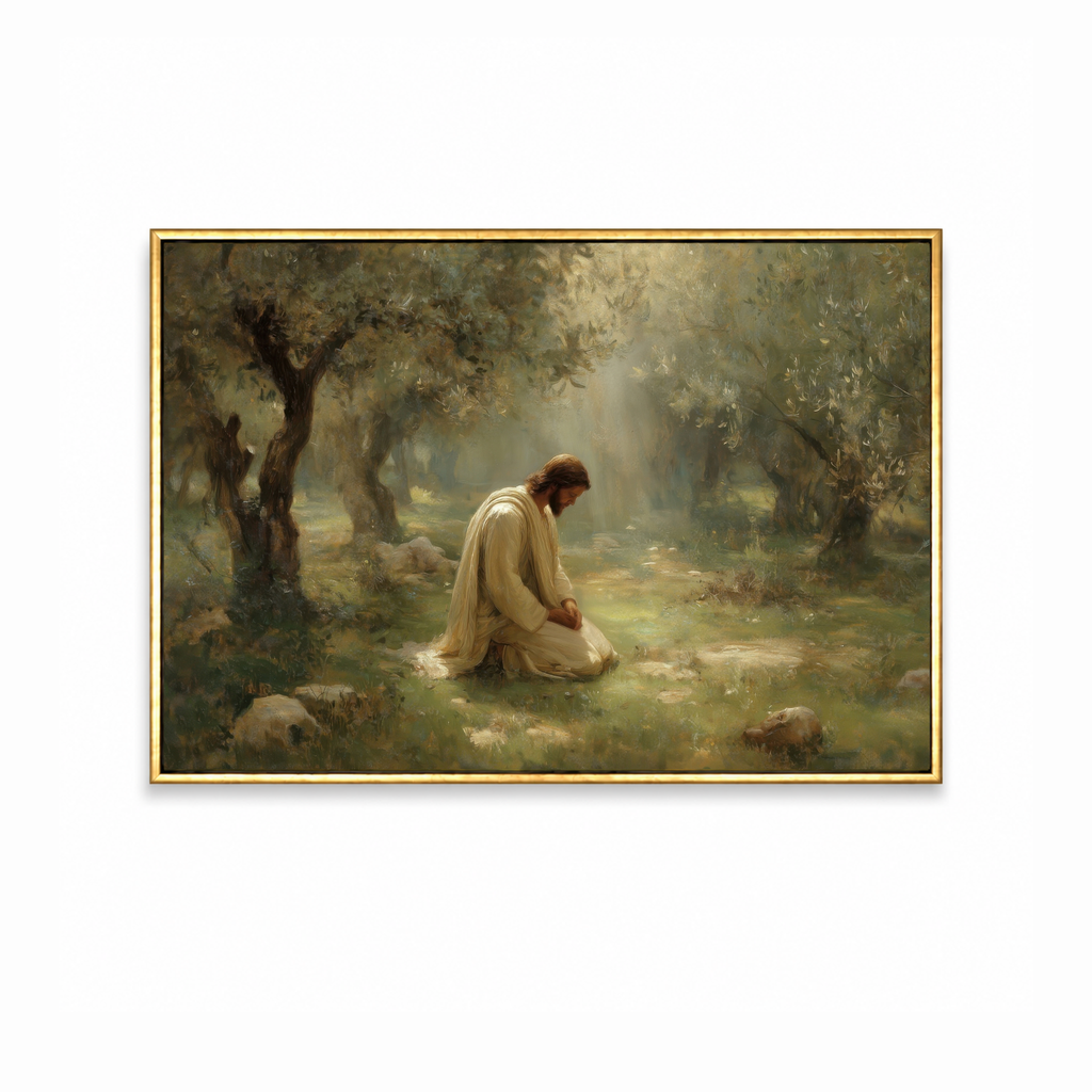 The Quiet Garden Christian wall art featuring Jesus kneeling in prayer beneath the trees in a peaceful garden in a gold frame