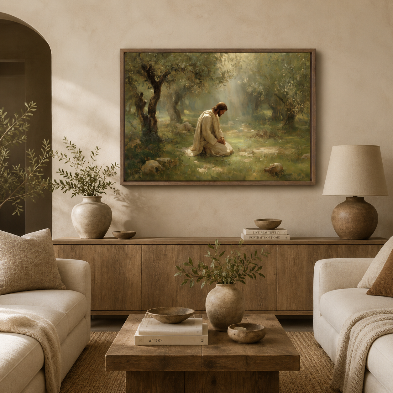 The Quiet Garden Christian artwork displayed above a sofa in a softly styled interior