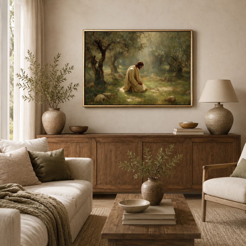 The Quiet Garden Christian wall art displayed in a warm neutral living room