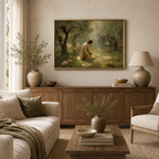 The Quiet Garden Christian wall art displayed in a warm neutral living room