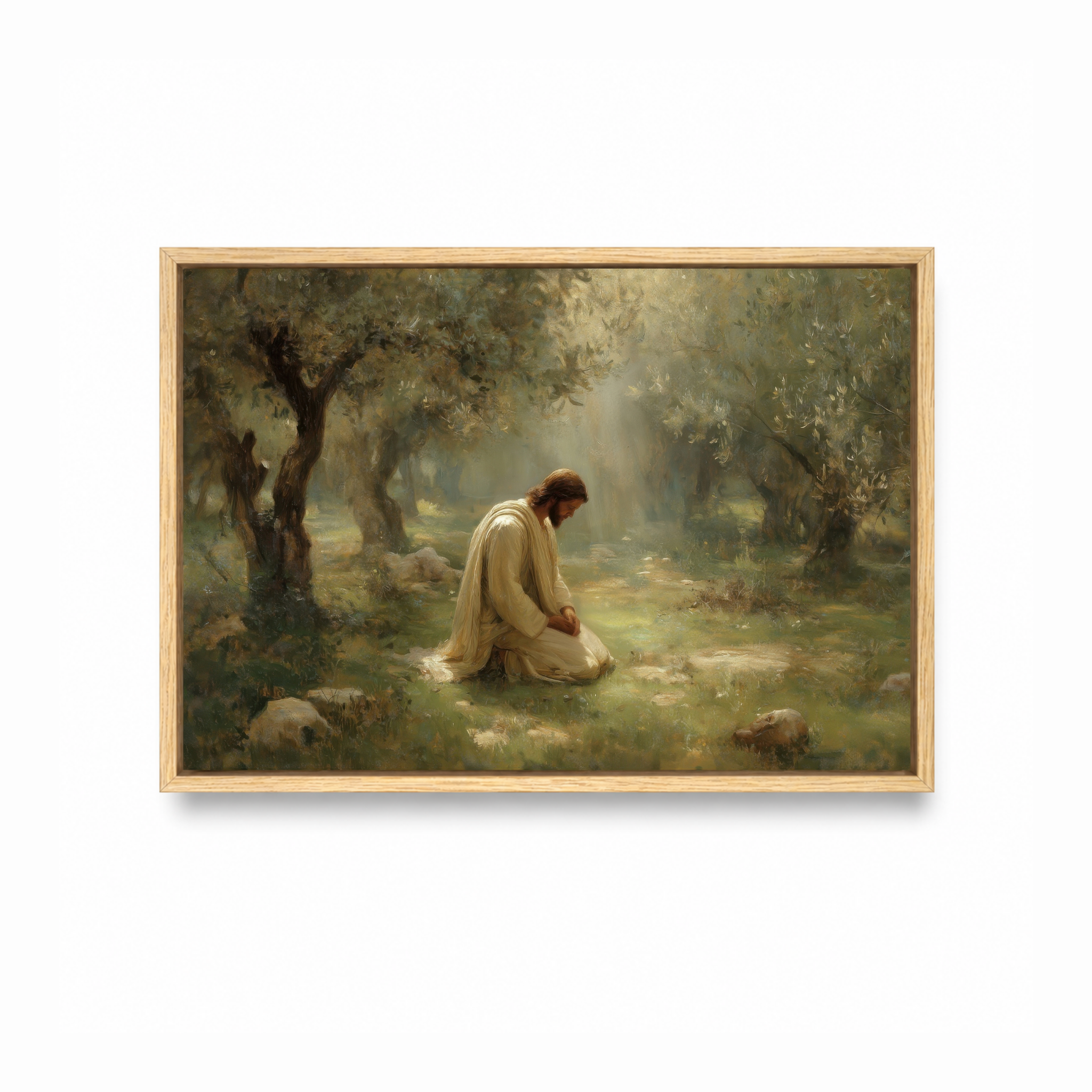 The Quiet Garden Christian wall art featuring Jesus praying in a natural wood frame
