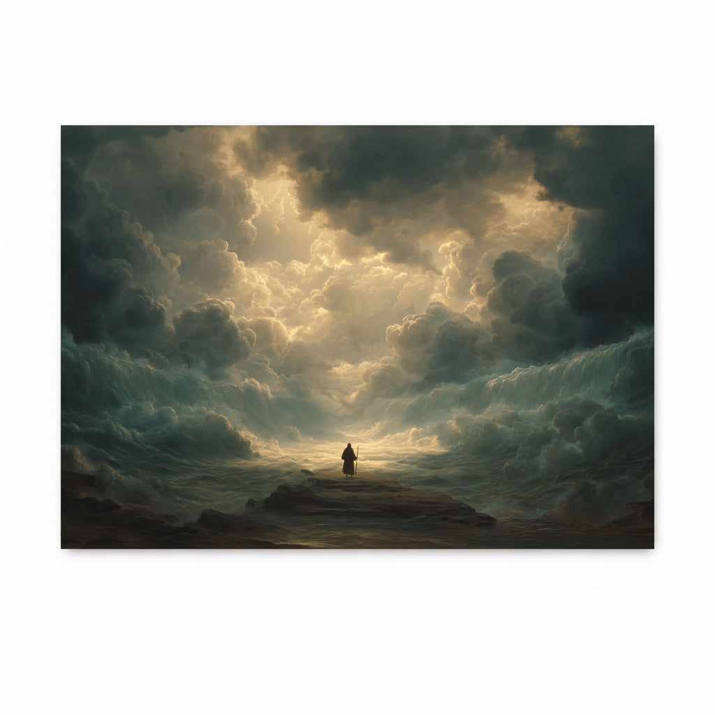 Moses standing before the parted Red Sea beneath dramatic clouds in a Christian art print