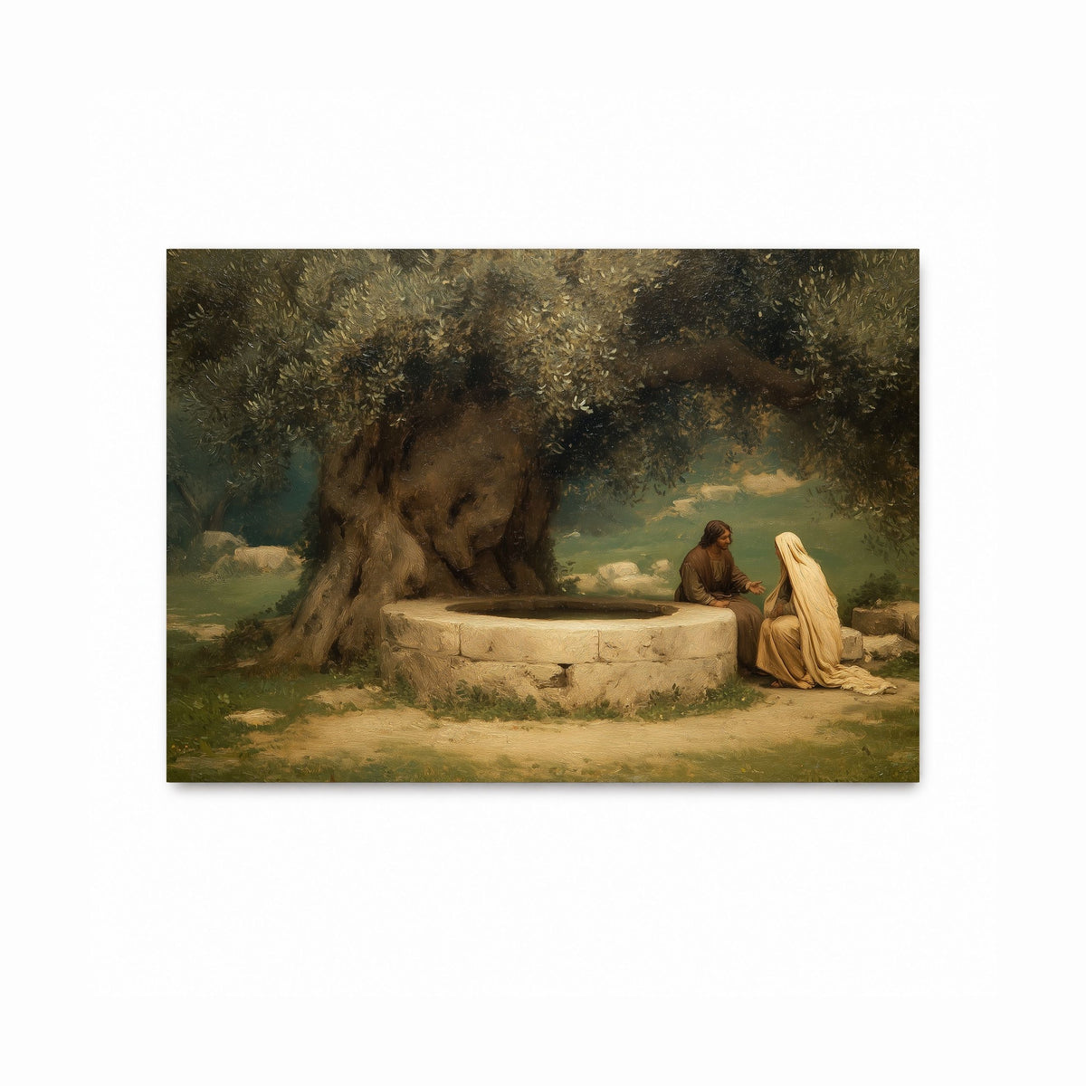 A horizontal canvas print of a classical painting depicting Jesus and the Samaritan woman seated by a stone well beneath a large olive tree, shown against a plain white background.