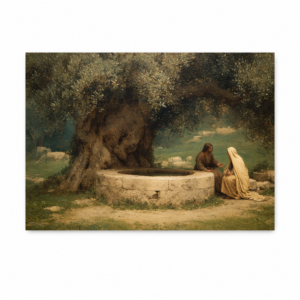 Jesus speaking with the Samaritan woman beside a well beneath an olive tree in a Christian art print