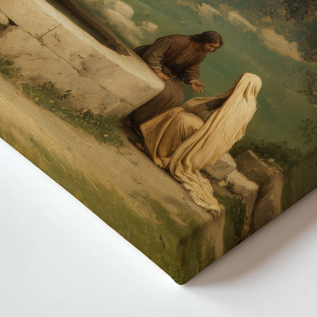 The Woman at the Well Christian canvas artwork featuring Jesus and the Samaritan woman beside the well
