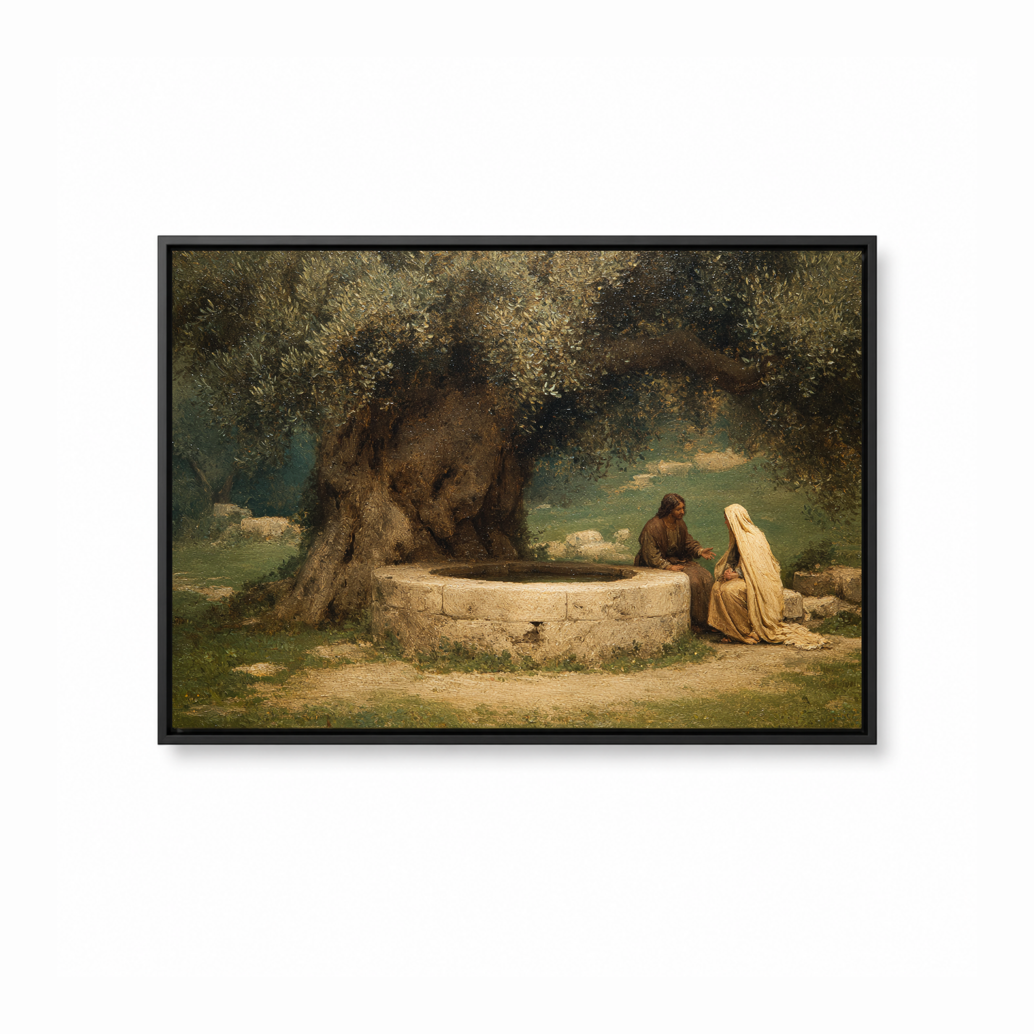 The Woman at the Well Christian wall art featuring Jesus and the Samaritan woman in a black frame