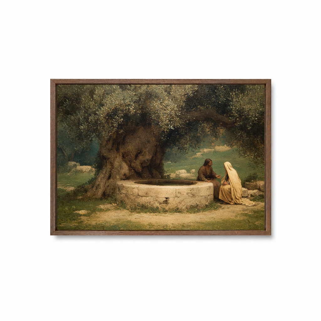 The Woman at the Well Christian wall art featuring Jesus and the Samaritan woman in a dark wood frame