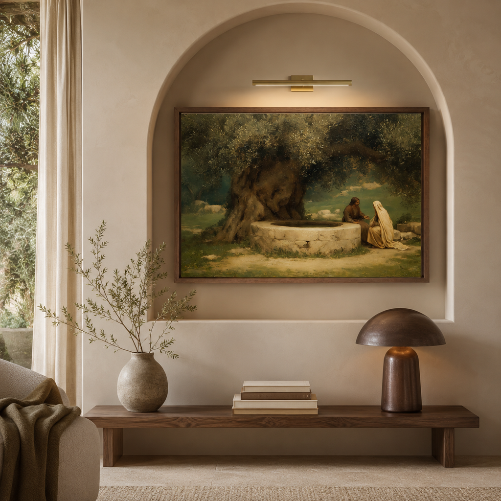 The Woman at the Well Christian wall art displayed in a warm living room