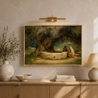 The Woman at the Well Christian wall art displayed in a warm neutral living room