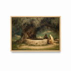 The Woman at the Well Christian wall art featuring Jesus and the Samaritan woman in a natural wood frame